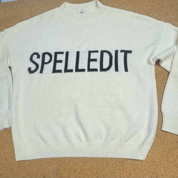 Spelledit Wool Blend Graphic Sweater Cream Oversized L/XL Korean Cable Knit I - Picture 2 of 9
